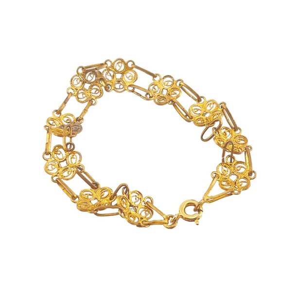 Vintage Gold-Plated Floral Bracelet With Blue Gemstone Accents - Picture 7 of 9